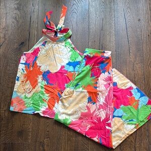 Pink and Green Sleeveless Tank Top and Pants Set